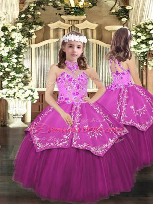 Custom Fit Sleeveless Floor Length Embroidery Lace Up Quinceanera Gowns with Fuchsia