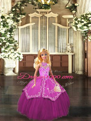 Custom Fit Sleeveless Floor Length Embroidery Lace Up Quinceanera Gowns with Fuchsia