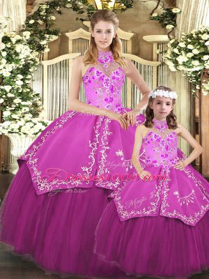 Custom Fit Sleeveless Floor Length Embroidery Lace Up Quinceanera Gowns with Fuchsia