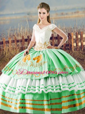 Suitable Sleeveless Floor Length Embroidery and Ruffled Layers Lace Up Quinceanera Gowns with Apple Green