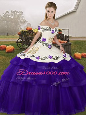Artistic Sleeveless Tulle Brush Train Lace Up 15th Birthday Dress in Purple with Embroidery and Ruffled Layers