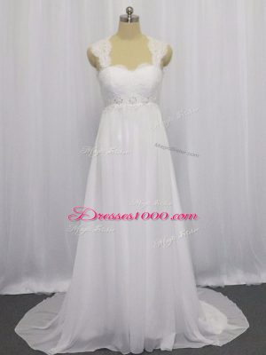 Beading and Lace Wedding Gowns White Lace Up Sleeveless Brush Train