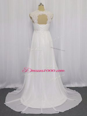 Beading and Lace Wedding Gowns White Lace Up Sleeveless Brush Train