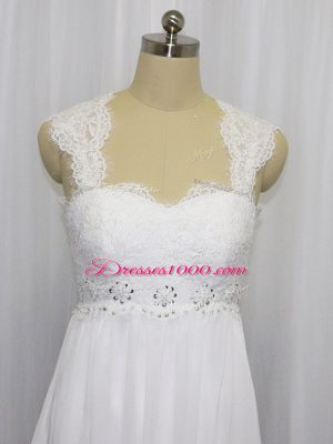 Beading and Lace Wedding Gowns White Lace Up Sleeveless Brush Train