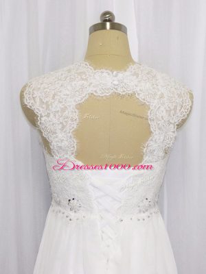 Beading and Lace Wedding Gowns White Lace Up Sleeveless Brush Train