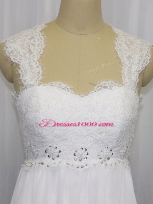 Beading and Lace Wedding Gowns White Lace Up Sleeveless Brush Train