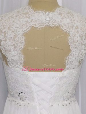 Beading and Lace Wedding Gowns White Lace Up Sleeveless Brush Train