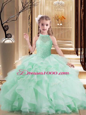 Attractive Apple Green Little Girl Pageant Dress Party and Sweet 16 and Wedding Party with Beading and Ruffles High-neck Sleeveless Lace Up