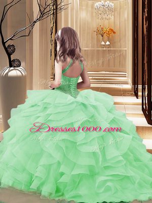 Attractive Apple Green Little Girl Pageant Dress Party and Sweet 16 and Wedding Party with Beading and Ruffles High-neck Sleeveless Lace Up