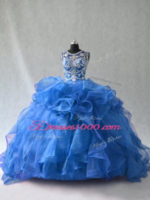 Blue Sleeveless Floor Length Beading and Ruffles Lace Up Quinceanera Dress