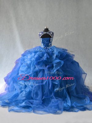 Blue Sleeveless Floor Length Beading and Ruffles Lace Up Quinceanera Dress