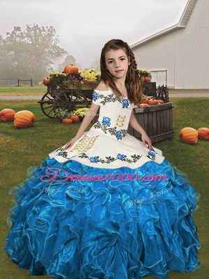 Ball Gowns Child Pageant Dress Blue and Baby Blue Straps Organza Sleeveless Floor Length Lace Up