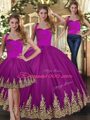 Gorgeous Floor Length Lace Up Sweet 16 Quinceanera Dress Fuchsia for Military Ball and Sweet 16 and Quinceanera with Embroidery