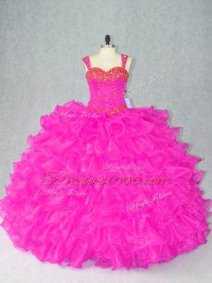 Great Straps Sleeveless Ball Gown Prom Dress Floor Length Beading and Ruffles Fuchsia Organza