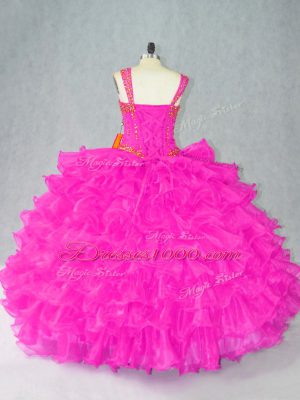 Great Straps Sleeveless Ball Gown Prom Dress Floor Length Beading and Ruffles Fuchsia Organza