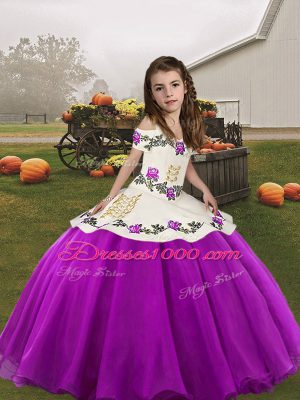 Elegant Purple Ball Gowns Organza Straps Sleeveless Embroidery Floor Length Lace Up Pageant Dress for Teens