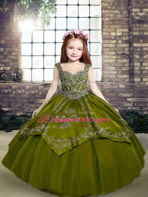Straps Sleeveless Lace Up Child Pageant Dress Olive Green Organza