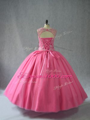 Glorious Scoop Sleeveless Quinceanera Dress Floor Length Beading and Appliques Rose Pink Tulle