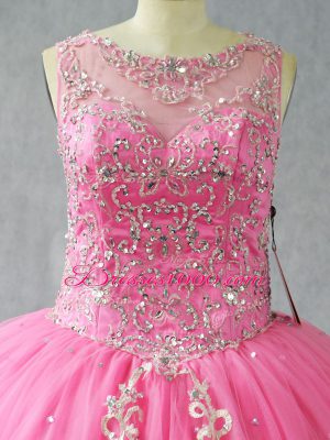 Glorious Scoop Sleeveless Quinceanera Dress Floor Length Beading and Appliques Rose Pink Tulle