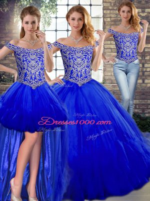 Ideal Floor Length Royal Blue Quinceanera Dress Tulle Sleeveless Beading and Ruffles