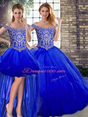 Ideal Floor Length Royal Blue Quinceanera Dress Tulle Sleeveless Beading and Ruffles