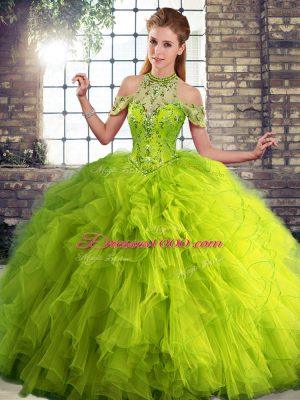 Beauteous Halter Top Sleeveless Tulle Quinceanera Dresses Beading and Ruffles Lace Up