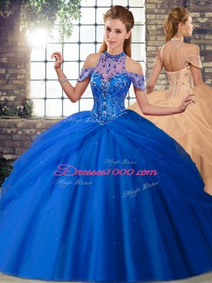 Blue Tulle Lace Up Quinceanera Dress Sleeveless Brush Train Beading and Pick Ups