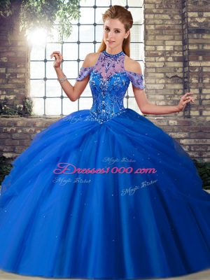 Blue Tulle Lace Up Quinceanera Dress Sleeveless Brush Train Beading and Pick Ups