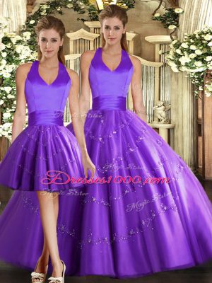 Popular Halter Top Sleeveless Tulle Sweet 16 Quinceanera Dress Beading Lace Up