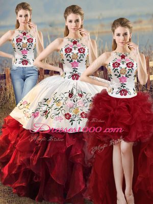 White And Red Organza Lace Up Quinceanera Gowns Sleeveless Floor Length Embroidery and Ruffles