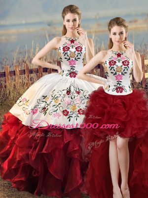 White And Red Organza Lace Up Quinceanera Gowns Sleeveless Floor Length Embroidery and Ruffles