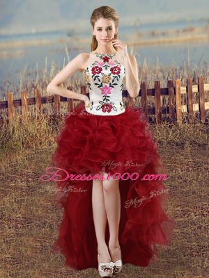 White And Red Organza Lace Up Quinceanera Gowns Sleeveless Floor Length Embroidery and Ruffles