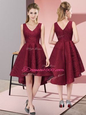 Burgundy A-line Lace Dama Dress Zipper Lace Sleeveless High Low