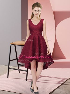 Burgundy A-line Lace Dama Dress Zipper Lace Sleeveless High Low