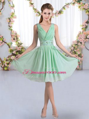 Fitting Knee Length Apple Green Quinceanera Court Dresses Chiffon Sleeveless Beading