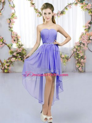 Lavender Chiffon Lace Up Bridesmaid Dress Sleeveless High Low Beading