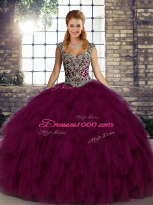 Fashion Beading and Ruffles 15th Birthday Dress Dark Purple Lace Up Sleeveless Floor Length