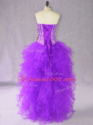 Affordable Purple Lace Up Junior Homecoming Dress Beading and Ruffles Sleeveless High Low