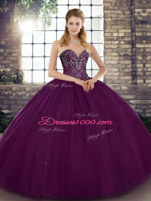 Dark Purple Sleeveless Beading Floor Length Sweet 16 Quinceanera Dress