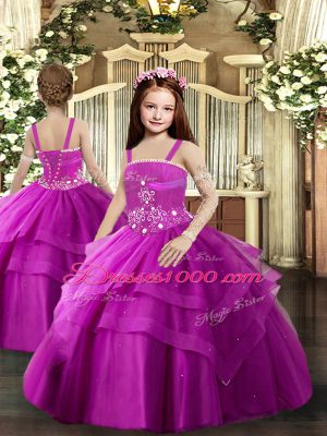 Straps Sleeveless Lace Up Little Girls Pageant Dress Wholesale Fuchsia Tulle