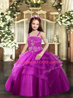 Straps Sleeveless Lace Up Little Girls Pageant Dress Wholesale Fuchsia Tulle