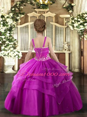 Straps Sleeveless Lace Up Little Girls Pageant Dress Wholesale Fuchsia Tulle