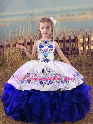 Floor Length Royal Blue Little Girl Pageant Gowns Scoop Sleeveless Lace Up