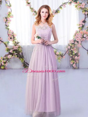 Gorgeous Floor Length Lavender Quinceanera Court of Honor Dress Tulle Sleeveless Lace and Belt