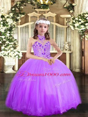 Lavender Halter Top Neckline Appliques Kids Pageant Dress Sleeveless Lace Up