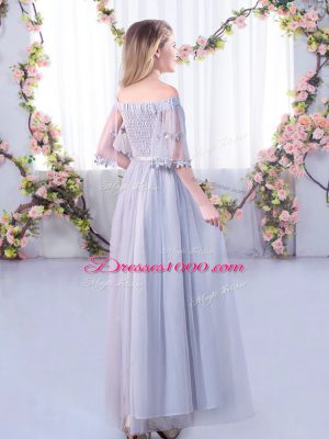 Light Blue Tulle Side Zipper Off The Shoulder Half Sleeves Floor Length Dama Dress Lace and Belt