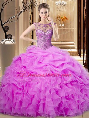 Edgy Lilac Lace Up Scoop Beading and Pick Ups Vestidos de Quinceanera Organza Sleeveless