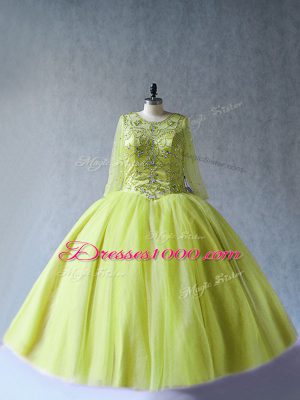 Beading Quinceanera Gown Yellow Green Lace Up Long Sleeves Floor Length