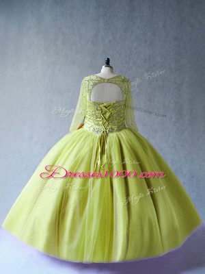 Beading Quinceanera Gown Yellow Green Lace Up Long Sleeves Floor Length