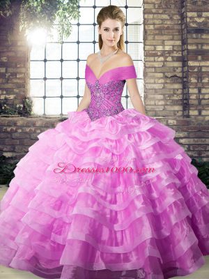 Fashionable Lilac Lace Up Off The Shoulder Beading and Ruffled Layers Quinceanera Dresses Organza Sleeveless Brush Train